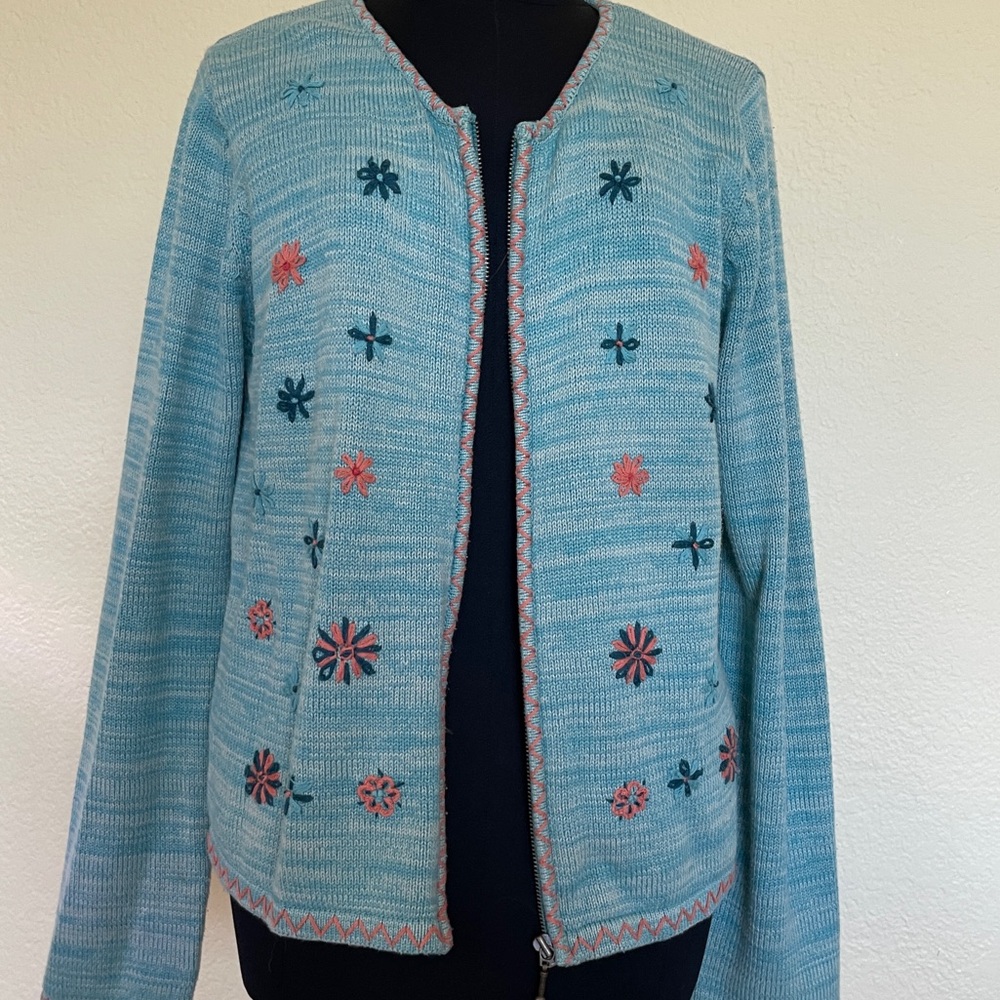 90s Cotton Blend Turquoise Floral Embroidered Cardigan by Carroll Reed | Size S